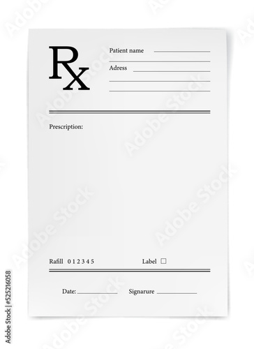 Medical prescription RX form, pharmacy and hospital paper sheet, vector template. RX prescription blank or doctor and pharmacist document for patient drugs and pills or medicine refill