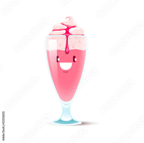 Cartoon milk shake fast food characters Isolated vector sweet drink personage. Pink milkshake cocktail in glass cup with whipped cream, bubbles and dripping topping. Funny dessert, beverage in mug