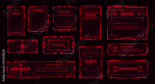 Obraz na płótnie HUD danger zone, warning alert and attention red frames, vector futuristic game interface