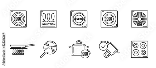 Induction icons of cooker stove top or kitchen hob and cookware, vector spiral symbols. Induction compatible kitchenware linear signs of saucepan or frying pan suitable for cooker stoves and cooktops