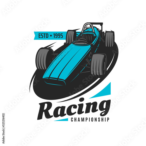 Retro racing car icon. Motorsport championship emblem, car race club competition vector sign, symbol or retro icon with formula one single-seat, open cockpit vintage racing car