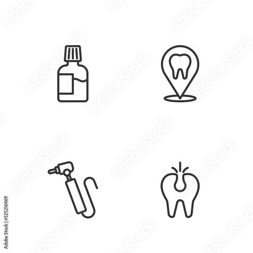Set line Broken tooth, Tooth drill, Mouthwash and Dental clinic location icon. Vector