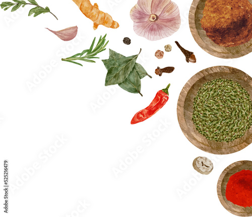 Watercolor natural aroma spices backgrouns. Garlic, cloves, nutmeg, basil and dry spices in bowls and spoons.