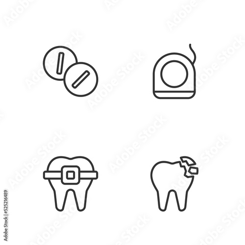 Set line Broken tooth, Teeth with braces, Toothache painkiller tablet and Dental floss icon. Vector