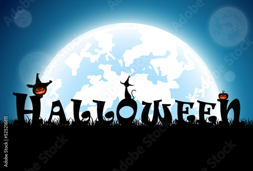 illustration blue background,festival halloween concept,full moon on dark night with many ghost,scarecrow,frankenstein and devil walking to castle for celebration halloween day
