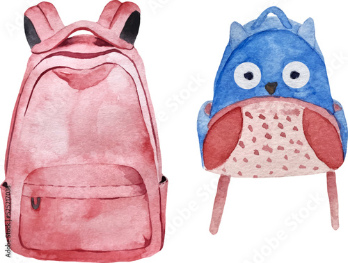 Blue and pink watercolor school backpack isolated on white background. School satchel. Boys school backpack. Girls school backpack