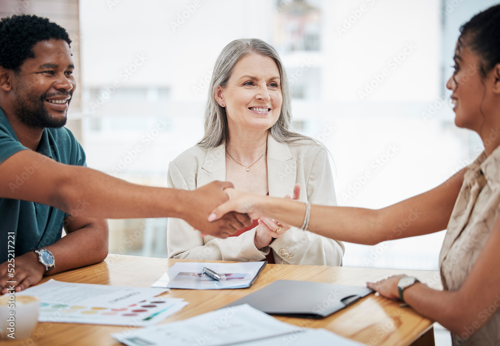 Finance, banking and loans, a handshake seal the deal for a happy, young startup entrepreneur. Meeting, review and approval, an African man, his financial advisor and a lady agent shake on investment Finance, banking and loans, a handshake seal the deal for a happy, young startup entrepreneur. Meeting, review and approval, an African man, his financial advisor and a lady agent shake on investment