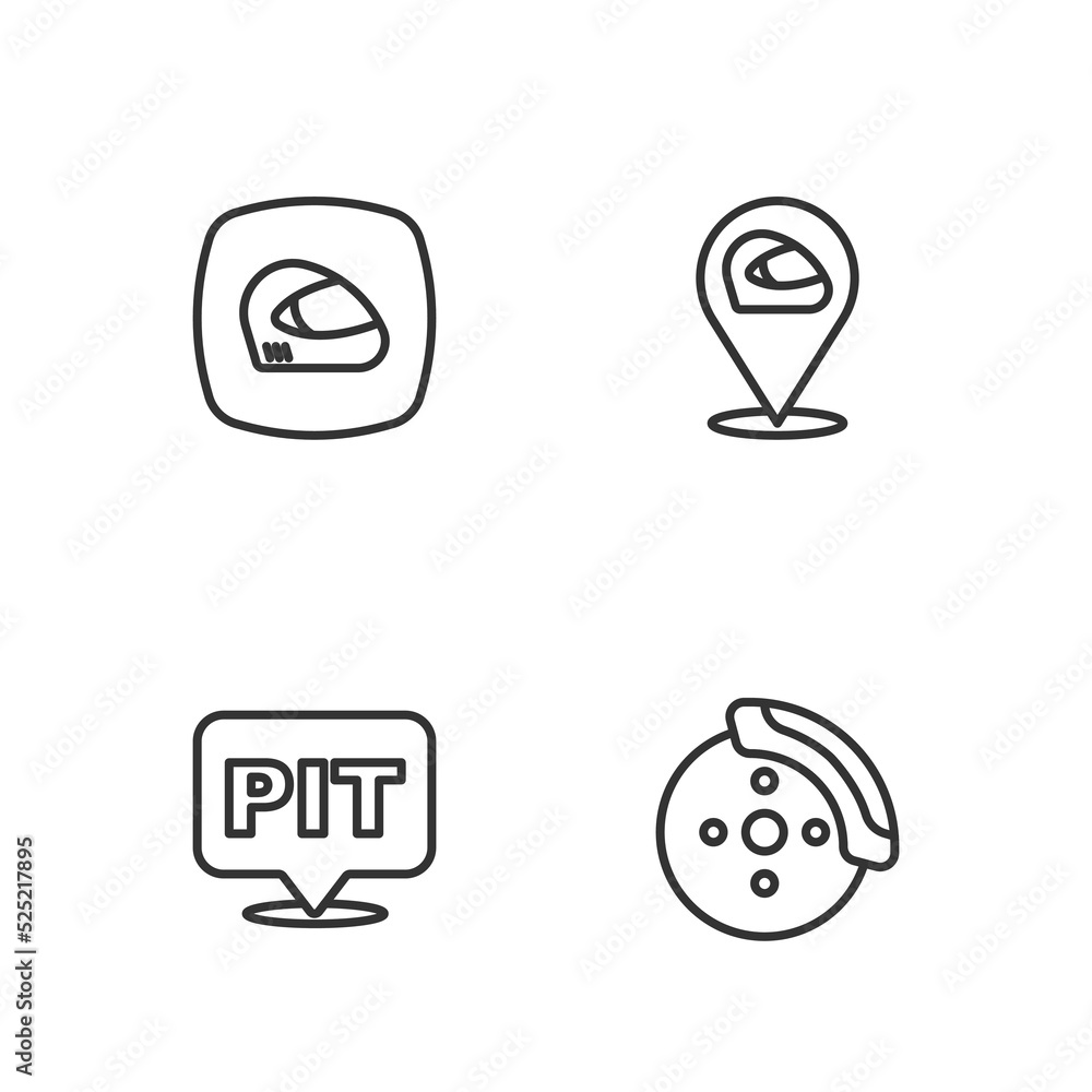 Set line Car brake disk with caliper, Pit stop, Racing helmet and icon. Vector