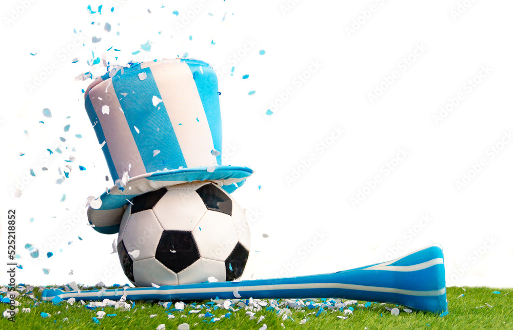 soccer ball with top hat, vuvuzela and light blue and white confetti  Stock-Foto