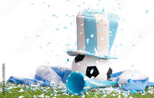 soccer ball with top hat, vuvuzela and light blue and white confetti