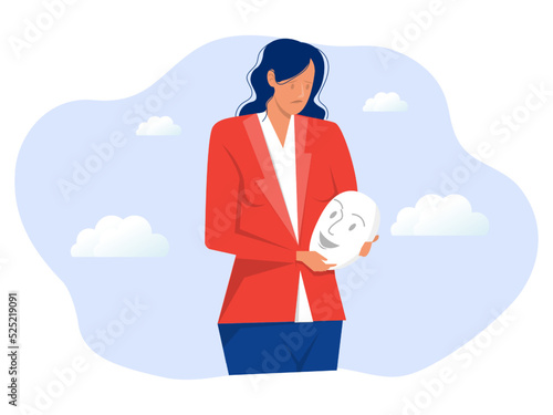 woman suffering from depression or mental problems; unhappy people holding smiling masks in hands; symptoms of depression; anxiety; Vector illustration.