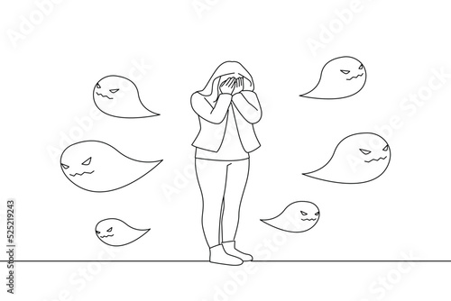 Drawing of woman having panic disorder in city psychology, solitude, fear or mental health problems concept. Line art style