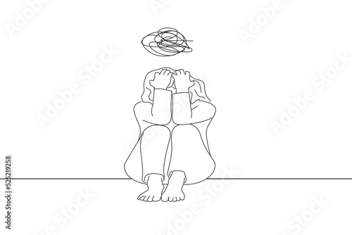 Drawing of panic attack woman, stressful depressed emotional person with anxiety disorder mental health illness. One line art