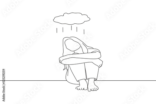 Illustration of panic attacks young girl sad fear stressful depressed emotional crying use hands cover. Oneline art drawing style