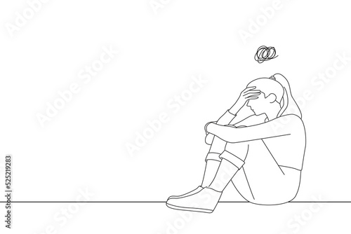 Drawing of upset woman frustrated by problem with work or relationships, sitting on couch, embracing knees, covered face in hand. Oneline art drawing style