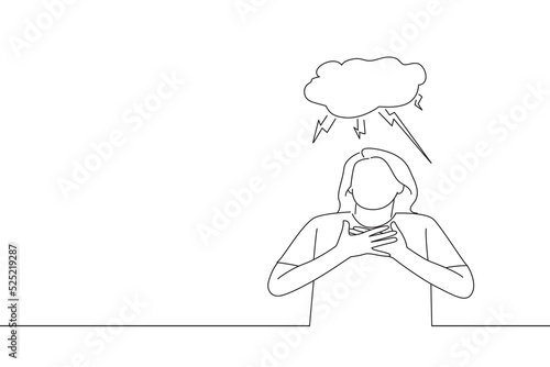 Cartoon of woman suffering from breathing problem. One line art