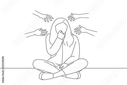 Illustration of woman sit against a brick wall biting nails, nervous and very anxious and scared for the future, feels panic and stress. Line art style