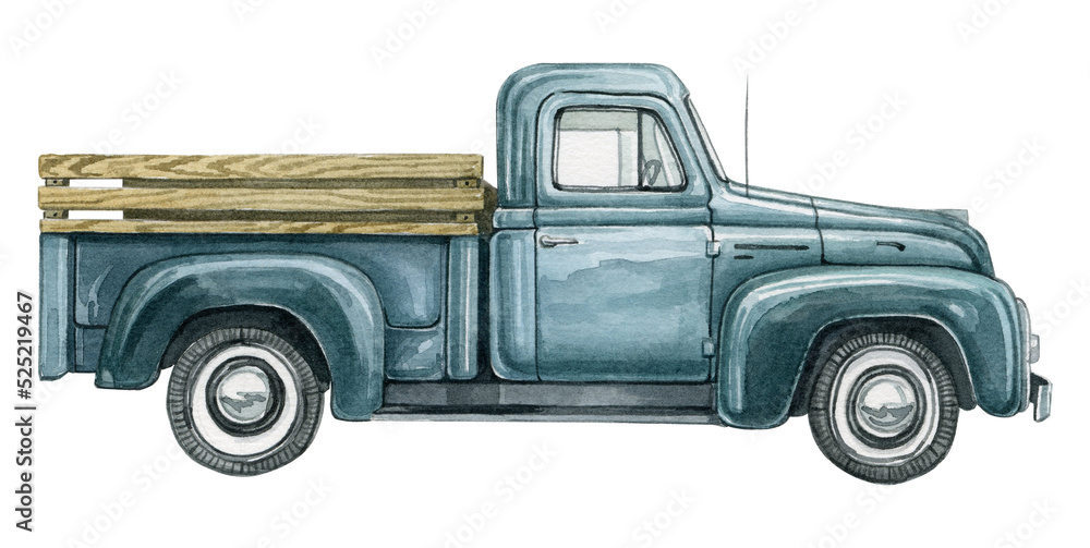 Watercolor retro pickup truck icon. Vintage American classic farmhouse car, emerald green farm truck, old car from 50s. Isolated on white background - obrazy, fototapety, plakaty 