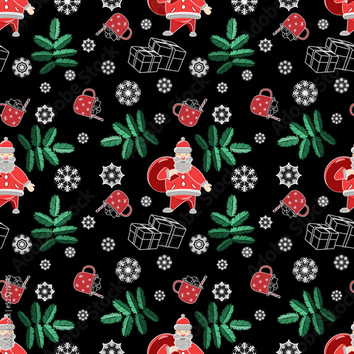 Seamless vector pattern with Santa, gifts, snowflakes and mugs in flat technique on a black background 