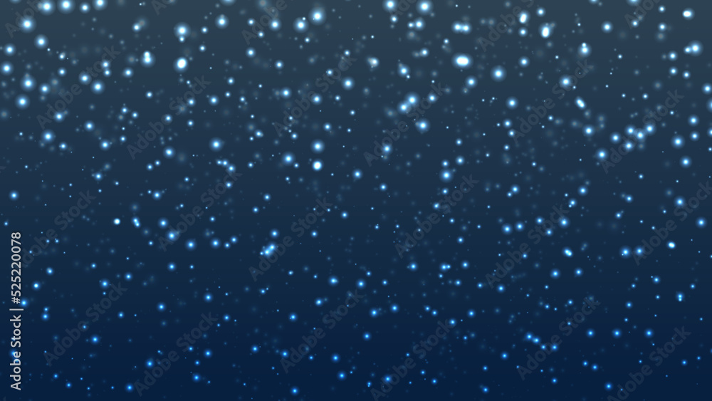 Beautiful snowflake on blurred blue.
Snowfall and glitter glow. Winter night  background with falling snow. Blue bokeh background like starry sky. Illustration of lights on a dark background.