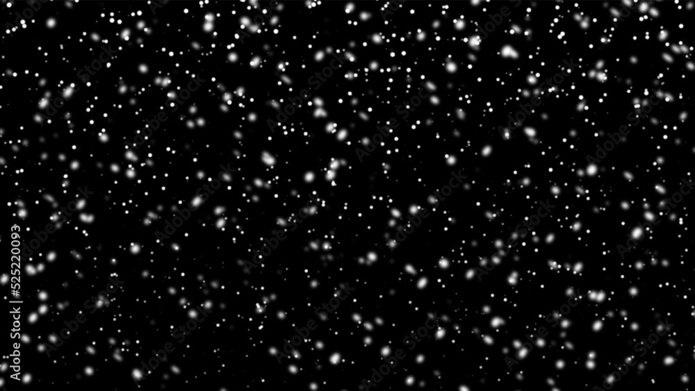 Snowfall bokeh on black background. Many snowflakes in flying in the air. Winte night  snowfall and blizzard  of snow at. Blur bokeh light effect creative background.