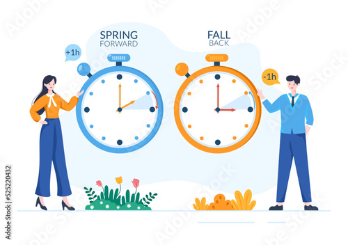 Daylight Savings Time Hand Drawn Flat Cartoon Illustration with Alarm Clock or Calendar from Summer to Spring Forward Design