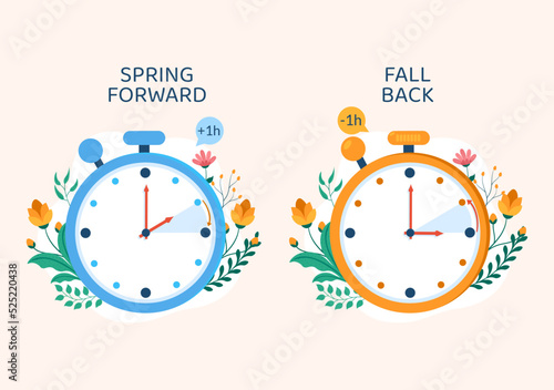 Daylight Savings Time Hand Drawn Flat Cartoon Illustration with Alarm Clock or Calendar from Summer to Spring Forward Design