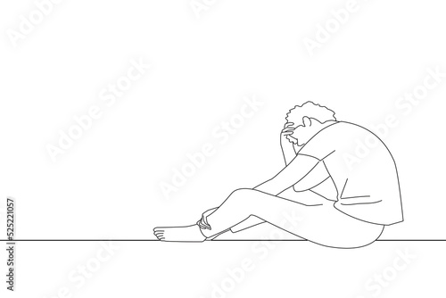 Illustration of depressed man losing job and heartbroken at same time sitting alone near window in dark at evening time with low light environment, PTSD Mental health and depression. Line art style