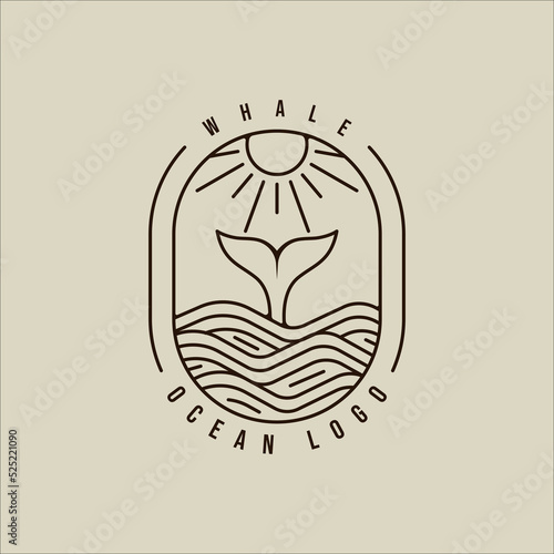 whale tail at ocean line art logo vector simple minimalist illustration template icon graphic design. sea landscape sign or symbol for travel company with badge and typography