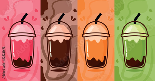 Hand Drawn Ice Strawberry, Green Tea, Chocolate, Thai Tea Flavor Set in Animated Cartoon Vector Illustration