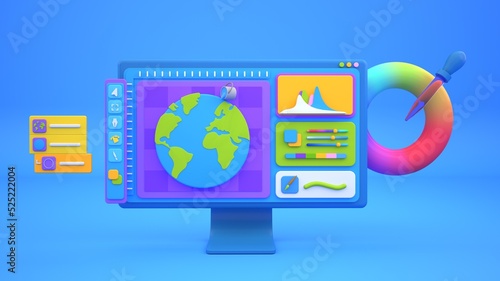 Photo editing software UI 3D Illustration on desktop computer 