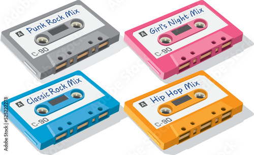 Vector Illustration of multiple vintage cassette mix tapes. Digital drawing of four mix tapes, each with a different genre of music. photo