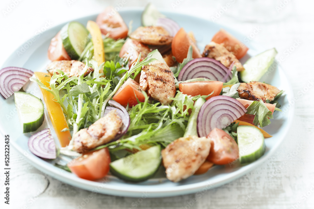 Salad with Chicken Breast, Cherry Tomatoes, Cucumber, Orange Pepper, Endive and Red Onion. Close up. Salad with Chicken Breast, Cherry Tomatoes, Cucumber, Orange Pepper, Endive and Red Onion. Close up.