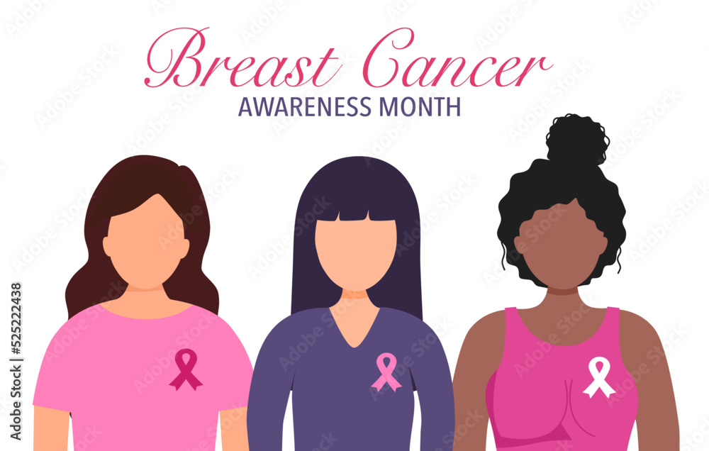 Breast cancer awareness month concept vector illustration. Women with ribbon logo in flat design on white background. Breast cancer awareness month concept vector illustration. Women with ribbon logo in flat design on white background.