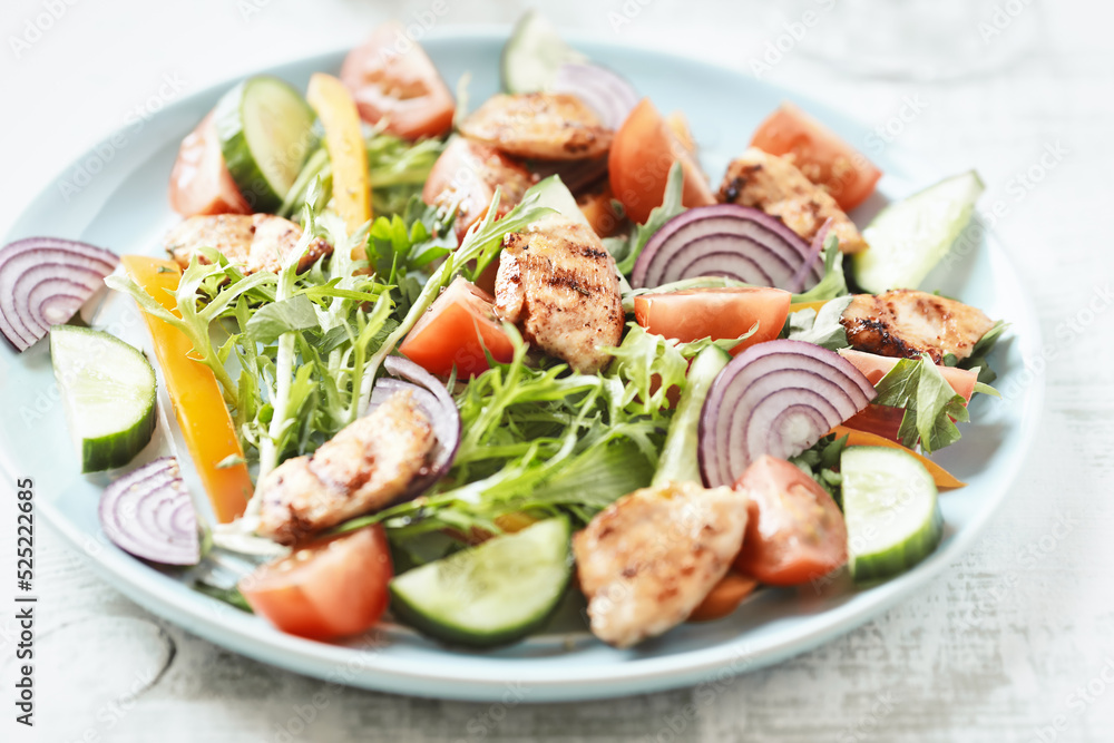 Salad with Chicken Breast, Cherry Tomatoes, Cucumber, Orange Pepper, Endive and Red Onion. Close up. Salad with Chicken Breast, Cherry Tomatoes, Cucumber, Orange Pepper, Endive and Red Onion. Close up.
