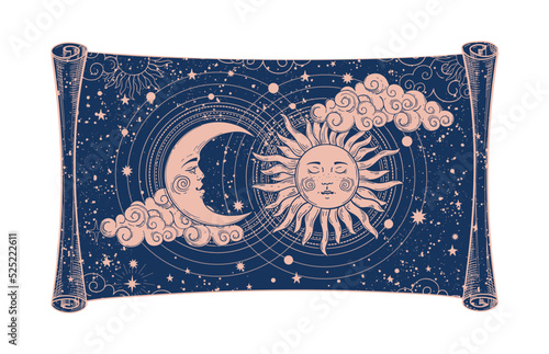 Divine scroll of universe device, astrology or tarot banner. Sun and moon with a face on a blue background with stars. Mystical vector illustration, line drawing by hand.
