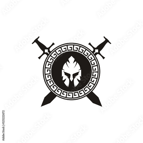Spartan Helmet and Sword in Circle Shape Logo For Military, Armory, Team, Game, Gym and Fitness