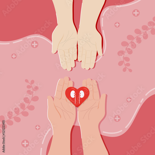 organ donor day illustration with hands giving and receiving red rubber heart on hands vector photo