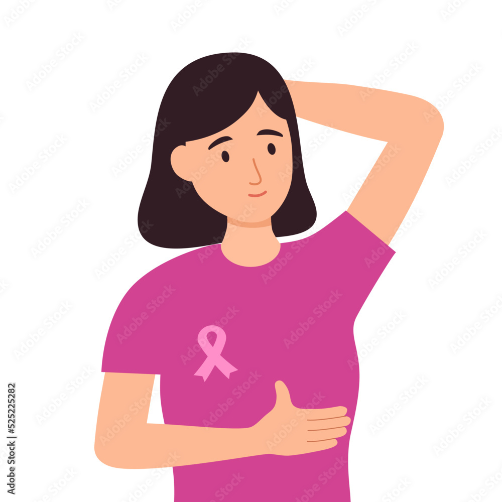 Breast cancer awareness month concept vector illustration. Woman wear pink dress with pink ribbon logo in flat design. Breast cancer awareness month concept vector illustration. Woman wear pink dress with pink ribbon logo in flat design.