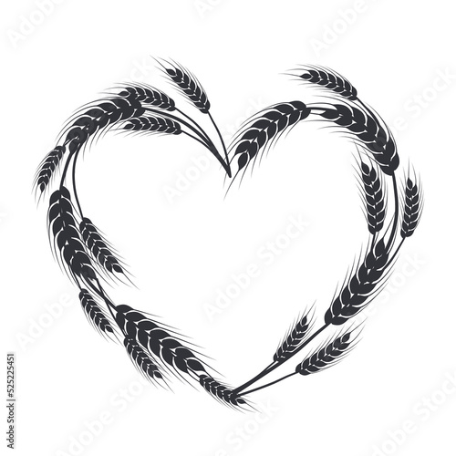 Wheat, oat, rye or barley heart silhouette. Cereal plant border, agricultural frame with black spikelets. Banner for design beer, bread, flour packaging.