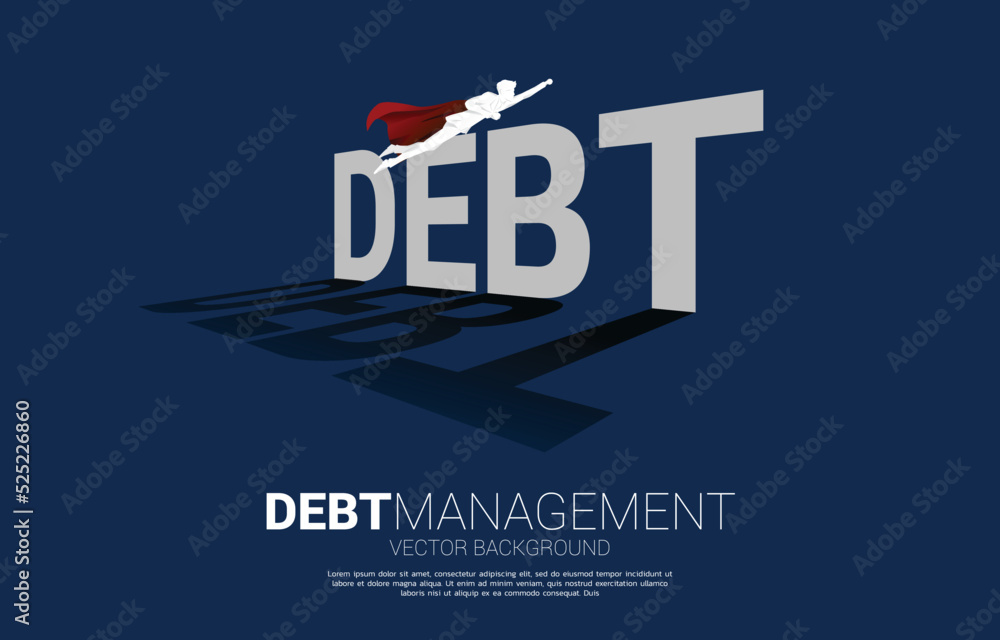 Silhouette businessman fly across debt. Background concept for crisis management and challenge in business