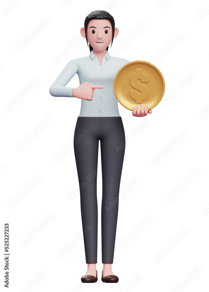 business woman in blue shirt holding a coin and pointing it, 3d illustration of a business woman in blue shirt holding dollar coin business woman in blue shirt holding a coin and pointing it, 3d illustration of a business woman in blue shirt holding dollar coin