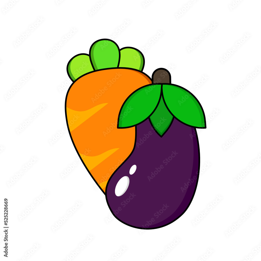 Illustration of Cartoon eggplant and carrot emoji icon, aubergine