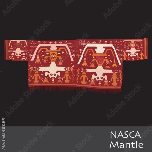 Nazca Mantle. Description: Humanoid figures, Nazca cloth with various geometric shapes. Nazca vector textile.