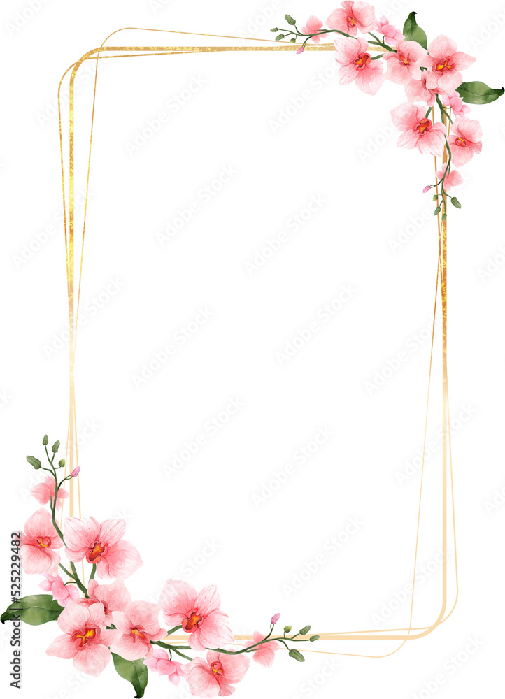Fototapeta premium Gold Frame With Pink Flower Watercolor
