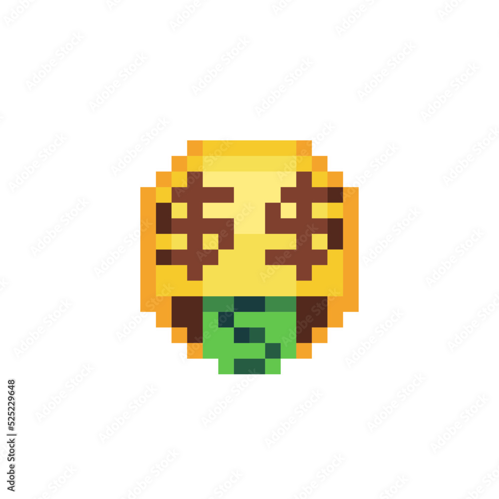Money-mouth face. Smiling emoticon, emoji, smiley. Pixel art style. Funny cartoon character. Web icon. Facial expression. 8-bit style. Isolated abstract vector illustration.