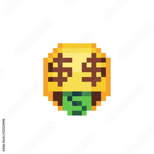 Money-mouth face. Smiling emoticon, emoji, smiley. Pixel art style. Funny cartoon character. Web icon. Facial expression. 8-bit style. Isolated abstract vector illustration.