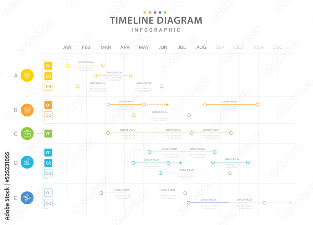 Infographic template for business. 12 Months modern Timeline diagram calendar with 5 Main Topics, presentation vector infographic. Infographic template for business. 12 Months modern Timeline diagram calendar with 5 Main Topics, presentation vector infographic.