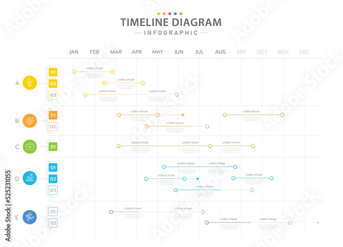 Infographic template for business. 12 Months modern Timeline diagram calendar with 5 Main Topics, presentation vector infographic.
