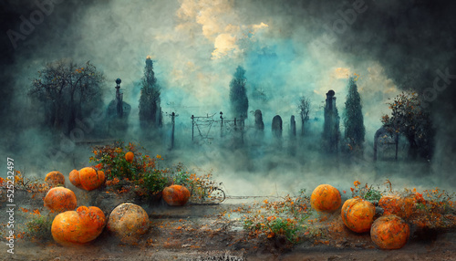 Broken old car with pumpkins illustration for halloween. Halloween night pictures for wall paper.3D illustration.